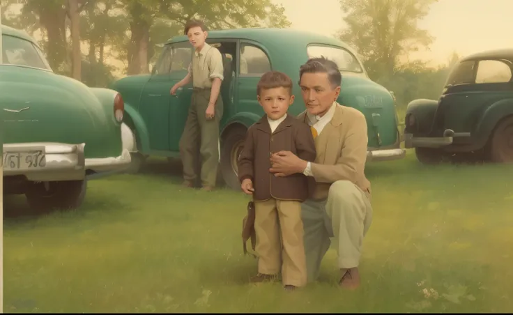 there is a man and a boy that are standing in the grass, a colorized photo, colorized photo, colourized, colorized photograph, old color photo, colorized, award winning colorized photo, restored color, old color photograph, photo in color, coloured photo, ...