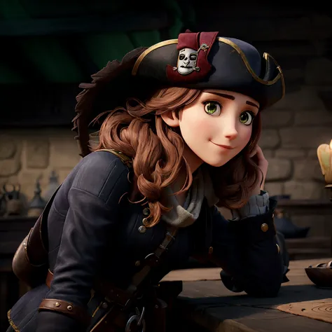 il y a une femme avec un chapeau noir et des gants noirs, elle a les yeux verts, elle porte un pendentif en forme de patte de corbeau, Femme capitaine pirate, Femme pirate, portrait pris, Portrait de pirate, en chapeau tricorne, Reine des pirates, Portrait...