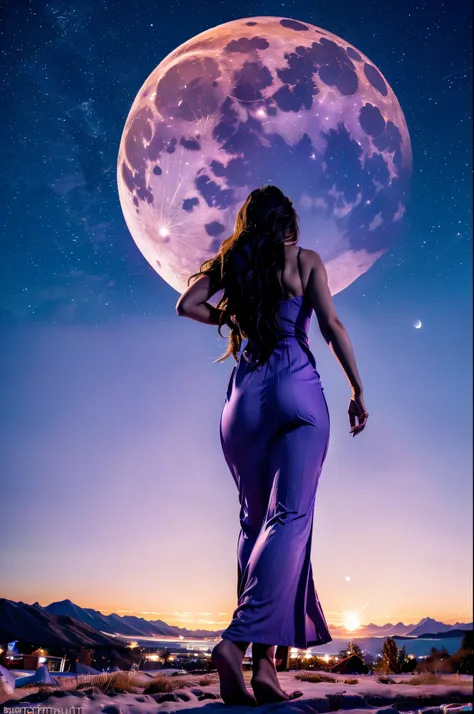 [[lili.v2]], a woman standing in front of a full moon with a sky background, in front of a big moon, the moon in front of her, l...