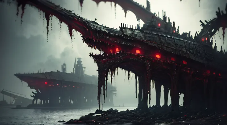 ((dark biopunk horror atmosphere tentacles)), biopunk pier, shipyard tentacle, Cold lighting, abandoned landscape in biopunk style, (Contempt for video game style), Horror atmosphere, the presence of something scary, very detailed biopunk background, von H...