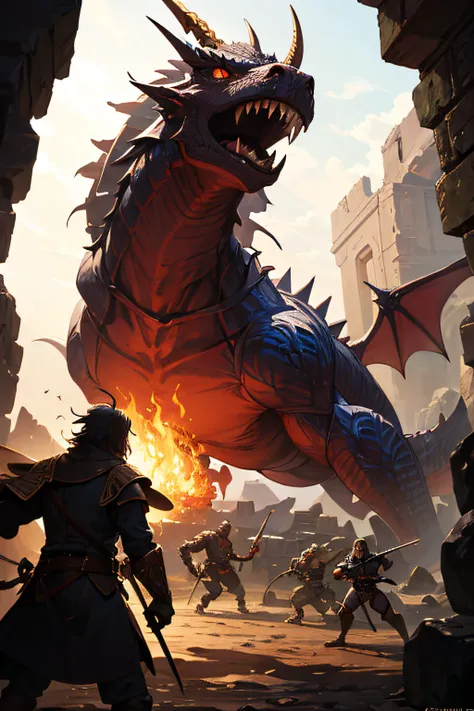 Hero type, ultra-detailed depiction of the adventurers, fighting a dragon in a dungeon, action pose, Detailed background, dungeons and dragons p, the anime