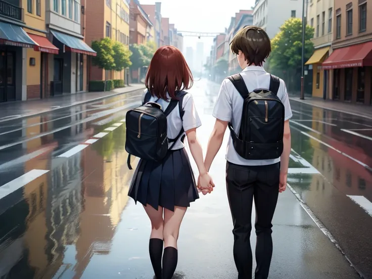 a female and a male, stand and back on to each other, holding other hands, Short brown hair male, Long brown hair female, School uniform, backpacks, rainny, on the street, poddle of water on the road, reflection light, Masterpiece, Best quality, 4K