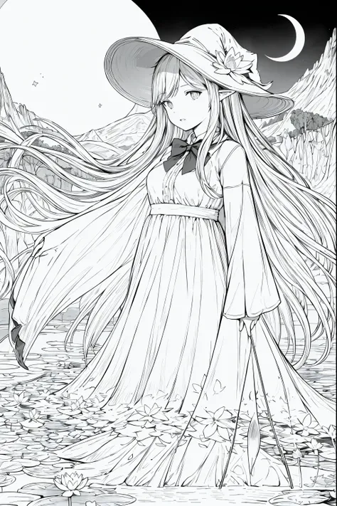 masterpiece, best quality,1girl, adjusting clothes, adjusting headwear, blush, bow, bowtie, breasts, brown eyes, brown hair, cloak, cloud, cloudy sky, crescent moon, dress, fantasy, flower, glowing, glowing flower, hat, light particles, lily pad, long hair...