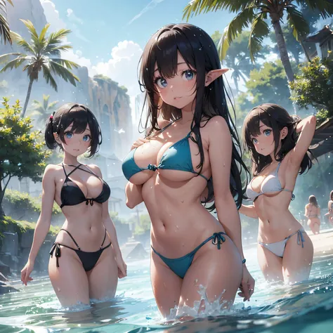 ​masterpiece, 4K, Top Quality Elves　bathing in water　　a large amount of water droplets　perspiring　　Longhaire　a beauty girl　huge tit　The bikini　　　Beautiful beach　A sexy