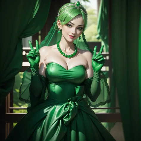 emerald tiara, Green Pearl Necklace, Boyish very short green hair, lipsticks, Japan woman smiling, very short short hair, big breasts beautiful, Green eyes, Long green gloves made of satin material, Green eyes, Emerald Earrings, green vale, v sign