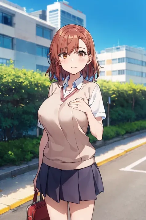 Misaka_Mikoto, 1girl, sozinho, escola_uniforme,((huge_breast)), Tokiwadai_escola_uniforme, sweater_Oeste, saia, saco, corar, Building, tree, escola_saco, dia, escola_pasta, cidade, heaven, ao ar livre, Cloud, propriedade, marrom_sweater_Oeste, ((alta quali...