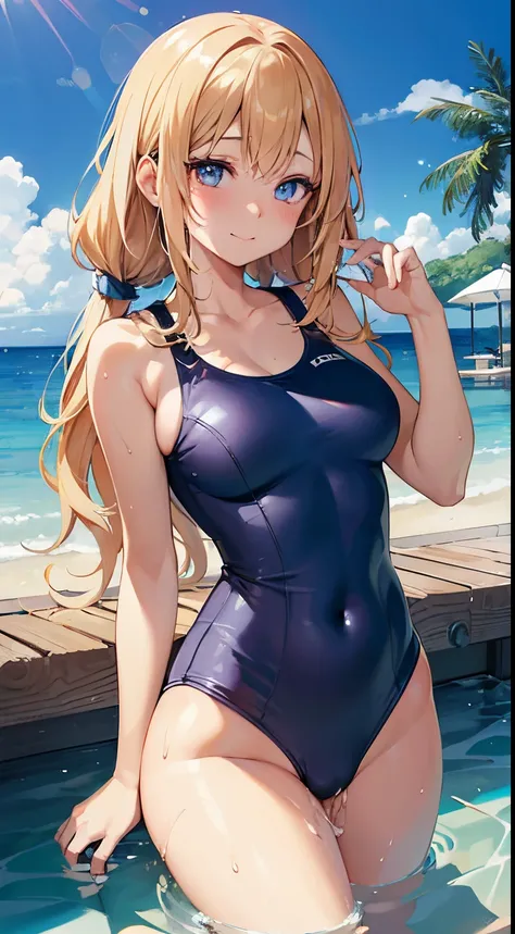 (masterpiece, top quality, high resolution: 1.2), sexy woman, solo, twin tails, Blue eyes, full body, ((school swimsuit)),  Blonde hair, masterpiece, best quality, ultra-detailed, illustration, kawaii, detailed light, happy, smile, closed mouth, shy expres...