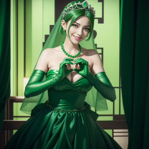 emerald tiara, Green Pearl Necklace, Boyish very short green hair, lipsticks, Japan woman smiling, very short short hair,  big breasts beautiful, Green eyes, Long green gloves made of satin material, Green eyes, Emerald Earrings, green vale, Heart with bot...