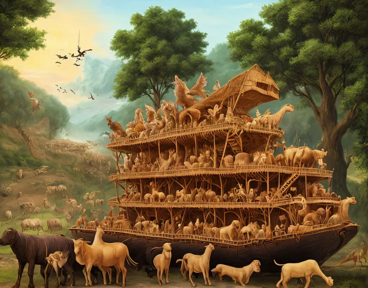 Create a picture of Noah&#39;s ark with animals entering it