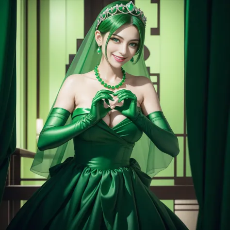 emerald tiara, Green Pearl Necklace, Boyish very short green hair, lipsticks, Japan woman smiling, very short short hair,  big breasts beautiful, Green eyes, Long green gloves made of satin material, Green eyes, Emerald Earrings, green vale, Heart with bot...