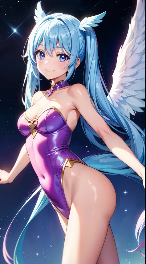 Super Idol　a beauty girl　adorable smiling　sky blue hair　length hair　Twin-tailed　sparkly pink and white leotard　facing front　Angel large wings on the back 7 colors　Mystical　Fantasia　constellation　a moon　Crystal Brilliance　Aurora Borealis in the Night Sky