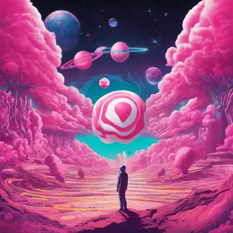 HD details, Close-up of a man in a cowboy suit with a giant (((pink marshmallow))), planets in the background, psychedelic cosmic horror, psychedelic illustrations, cosmic space, plants growing, The world of psychosis, Background space graphic art, Cosmic ...