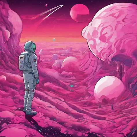 HD details, Close-up of a man in a cowboy suit with a giant (((pink marshmallow))), planets in the background, psychedelic cosmic horror, psychedelic illustrations, cosmic space, plants growing, The world of psychosis, Background space graphic art, Cosmic ...