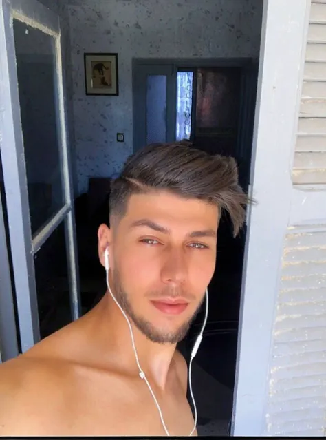 there is a man with ear buds on his head and a shirtless man with earphones, young greek man, perfect face and boy, perfect handsome face, perfect face ), handsome face and beautiful face, handsome face, young spanish man, attractive and good looking, lean...