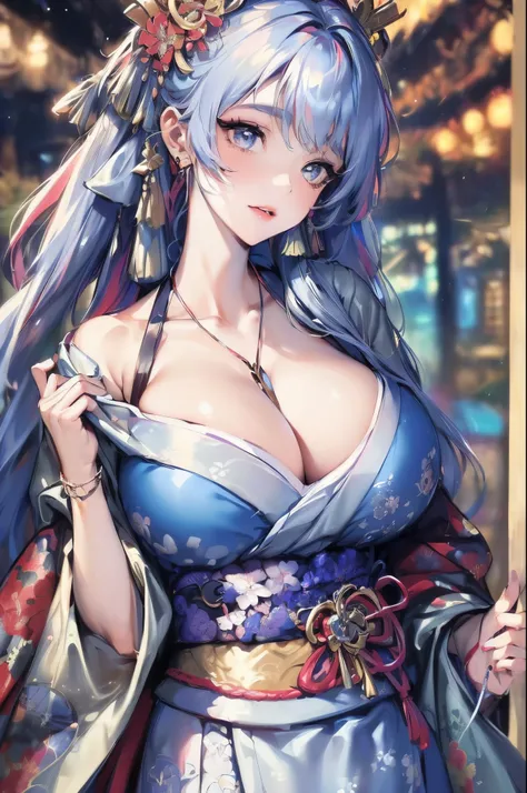 (Best Quality, 8k, 32k, perfect Masterpiece, UHD:1.3), (Photo of the most beautiful and sexy demon goddess, oni horns, cosmic, atmospheric, aesthetic), ((1 Girl)), ((huge enormously gigantic breast, cleavage showing, gigantic breasts bursting out of her sh...