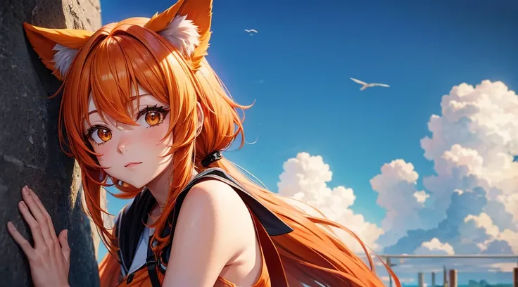 anime girl with orange hair and ears.