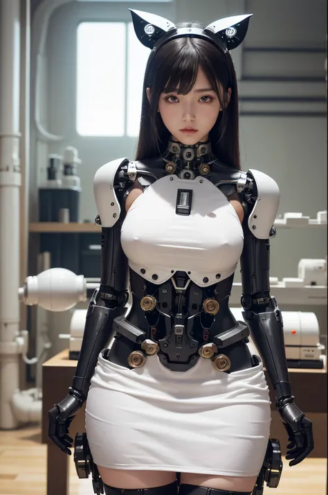 masterpiece, best quality, extremely detailed, (photorealistic:1.4), (RAW photo) (RAW photo) (8K, 4K, Best Quality, hight resolution, 超A high resolution:1.1), (masutepiece, Realistic, Photorealsitic:1.1), 1girl in, Japaese Cyborg Girl,Plump , black knee hi...