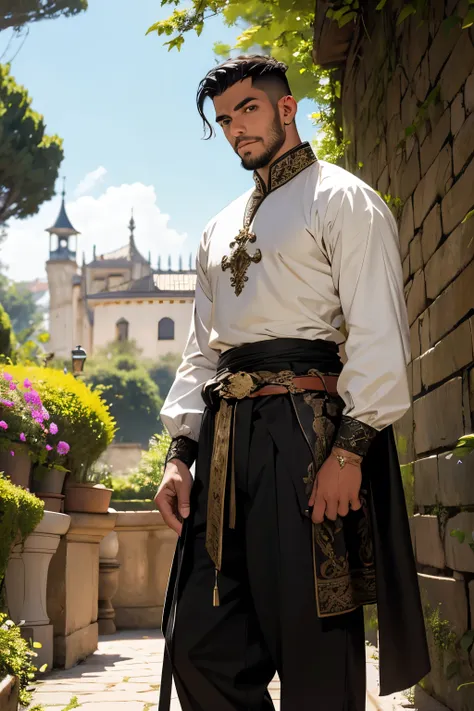 homem, cavaleiro errante, medieval blouse and pants, espada, jardim, cabelo preto, barba