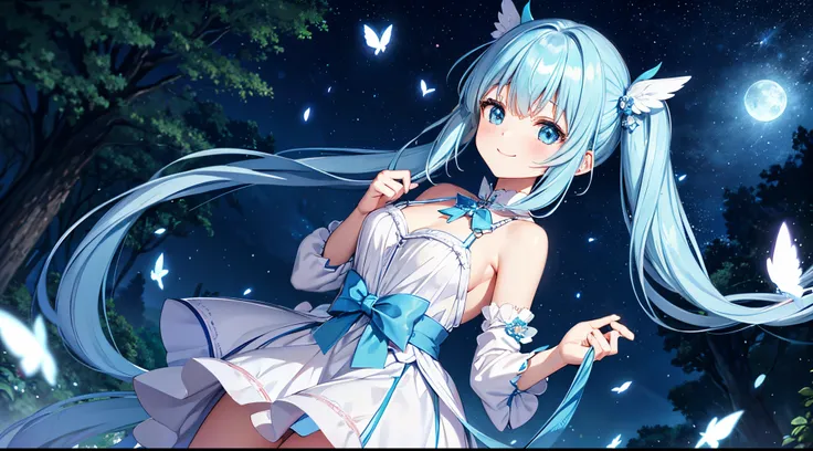 Dynamic Angle、 within a magical forest, a mystical fairy girl emerges, Light blue long hair、Hairstyle is Twintails、adorable smiling、Moonlight twinkle,  flower bloom、A big pure white owl is watching over you、The tree々While flapping its wings in the sparklin...