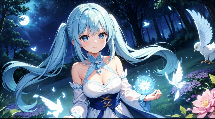 Dynamic Angle、 within a magical forest, a mystical fairy girl emerges, Light blue long hair、Hairstyle is Twintails、adorable smiling、Moonlight twinkle,  flower bloom、A big pure white owl is watching over you、The tree々While flapping its wings in the sparklin...