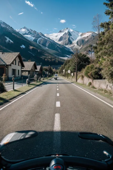 bicycle POV, look from the bicycle, road, mountains