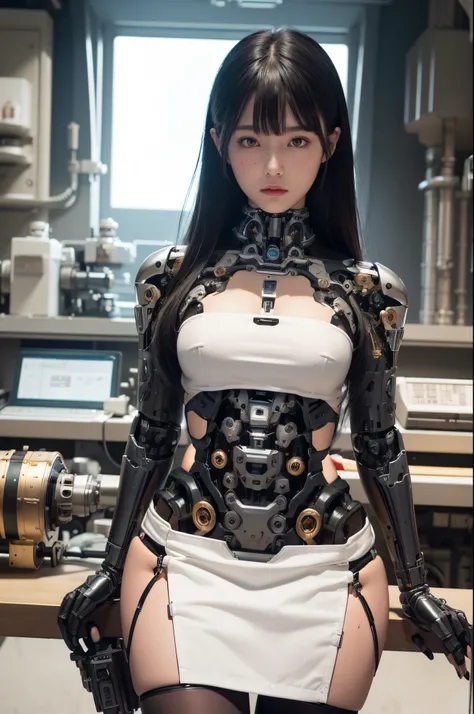 masterpiece, best quality, extremely detailed, (photorealistic:1.4), (RAW photo) (RAW photo) (8K, 4K, Best Quality, hight resolution, 超A high resolution:1.1), (masutepiece, Realistic, Photorealsitic:1.1), 1girl in, Japaese Cyborg Girl,Plump , black knee hi...