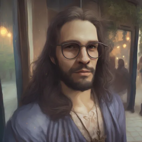 Painting of a man with long hair and glasses in front of a building, retrato masculino da fantasia, retrato detalhado do caractere, fantasy genre portrait, retrato de personagem pintado, retrato da arte do personagem, retrato do personagem da fantasia, um ...