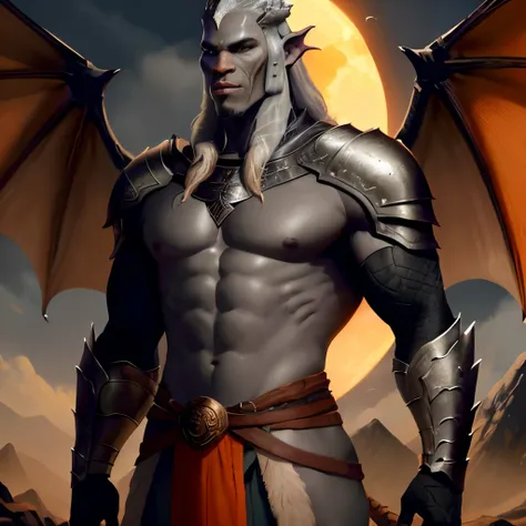 61 tall Dragonborn, his skin is blackish grey that is riddled with battle scars, he has a strong and thick tail he wears clothes fit for a King, his wings are large and cover his whole back. His eye color is light orange like a sunset.