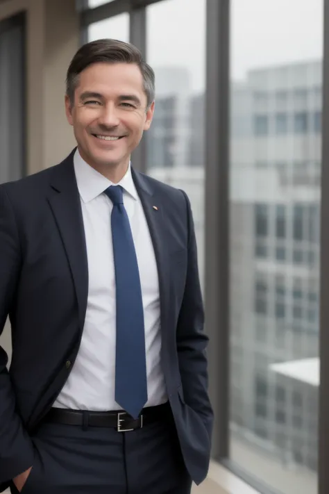 a profile photo of a man as "male professor" with short fringe up hair wearing suite and looking and smiling to the viewer