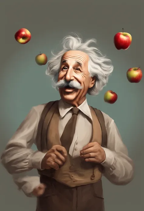 A boomerang video of Einstein doing a quirky dance while juggling a few apples and laughing joyfully.,original,Einstein’s appearance was iconic, with his wild, unkempt hair, bushy mustache, and piercing eyes often giving him a thoughtful and slightly dishe...