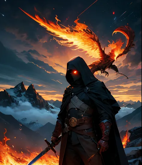 Dark cloaked figure holding flaming sword overhead. Surrounded by burning landscape. Mountain background