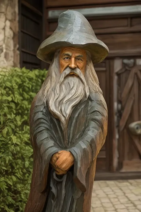 spiked statue of a man with hat and cane, wooden statue, escultura de madeira, escultura em madeira, escultura em madeira profissional, esculpido em madeira, arte em madeira, escultura feita de madeira, Gimli, Gandalf, old man, escultura em madeira detalha...