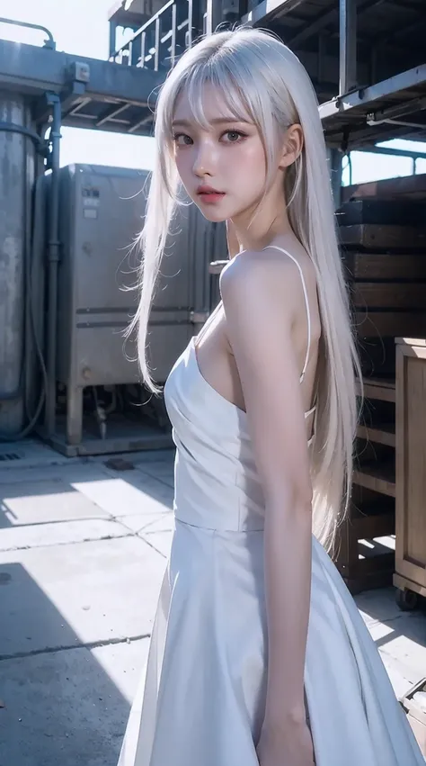 ((masterpiece, best quality)),a girl, solo, half body, dress, halo, alley, outdoors, bangs, white dress, white hair, long hair, industrial pipe, looking at viewer, air conditioner,dark lighting, hxh2011