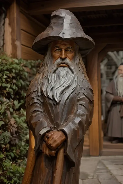 spiked statue of a man with hat and cane, wooden statue, escultura de madeira, escultura em madeira, escultura em madeira profissional, esculpido em madeira, arte em madeira, escultura feita de madeira, Gimli, Gandalf, old man, escultura em madeira detalha...