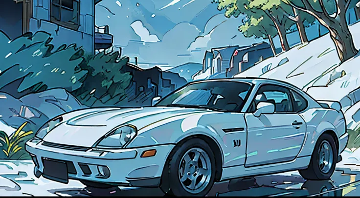 A white car, beautiful scenery outside, detailed reflections on the cars surface, high-quality and detailed painting, vibrant colors, natural lighting