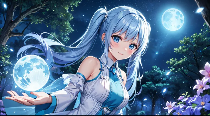 Dynamic Angle、 within a magical forest, a mystical fairy girl emerges, Light blue long hair、Hairstyle is Twintails、adorable smiling、Moonlight twinkle,  flower bloom、A big pure white owl is watching over you、The tree々While flapping its wings in the sparklin...