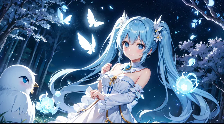 Dynamic Angle、 within a magical forest, a mystical fairy girl emerges, Light blue long hair、Hairstyle is Twintails、adorable smiling、Moonlight twinkle,  flower bloom、A big pure white owl is watching over you、The tree々While flapping its wings in the sparklin...