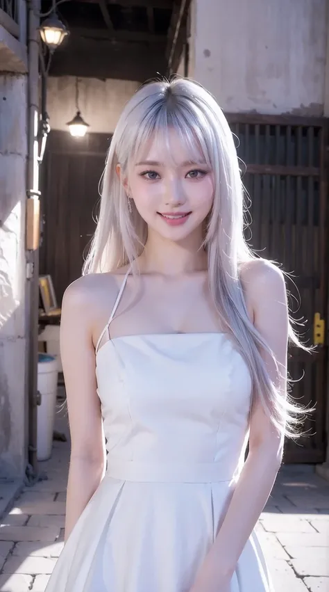 ((masterpiece, best quality)), expression happy, beautiful smile, a girl, solo, half body, dress, halo, alley, outdoors, bangs, white dress, white hair, long hair, One hand playing the hair , looking at viewer, air conditioner,dark lighting, hxh2011