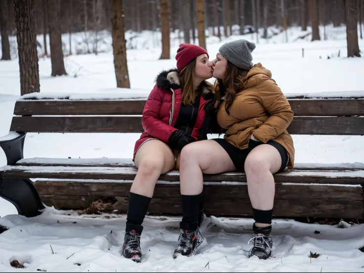 Several very drunk, thick Russian chicks pester each other, climb to kiss, touch their breasts with their hands and between their legs under clothes and through clothes on a dirty bench in the winter in the forest, drink alcohol in a deranged state, mastur...