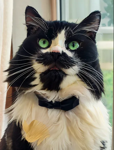 there is a black and white cat with a black collar and a black bow tie, tuxedo cat, whiskers, tufty whiskers, looking towards the camera, looking straight to the camera, a handsome, it has a piercing gaze, looking straight to camera, black and white cat, l...