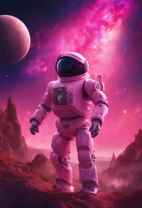 Create an NFT with the following characteristics:
title: "A Cosmic Day"
A digital artwork that represents an epic journey through the cosmos, com cores vibrantes e detalhes intrincados. a pink robot witha cowboy hat in a giant marshmallow