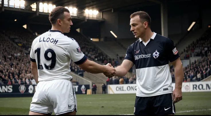 Imagine a captivating photo capturing the timeless spirit of Bolton Wanderers Football Club. In the center of the football pitch, a seamless blend of eras materializes as the legendary Nat Lofthouse, at around 30 years old, clad in a Bolton shirt from 1950...