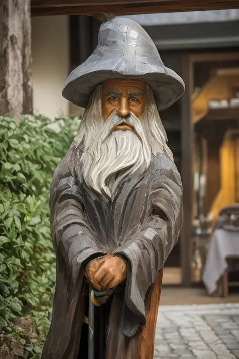 spiked statue of a man with hat and cane, wooden statue, escultura de madeira, escultura em madeira, escultura em madeira profissional, esculpido em madeira, arte em madeira, escultura feita de madeira, Gimli, Gandalf, old man, escultura em madeira detalha...