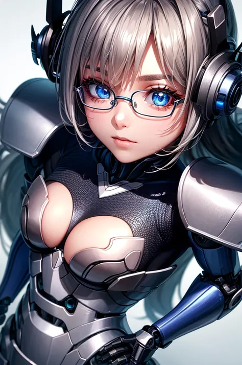 5 8K UHD, Silver metallic body mechanical beauty wearing glasses, Shiny silver robot with skin, (beautiful detailed eyes:1.1), (Sparkling eyes:1.0), full body shot , gts, skyscrapers,