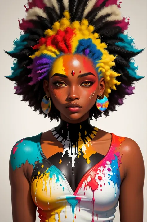 um retrato de pintura abstrata de uma mulher afro-americana com splatter de tinta colorido, no estilo do realismo com elementos de fantasia, gradientes de cores, salpicos de cor, figuras coloridas estilo minimalista, oil painting