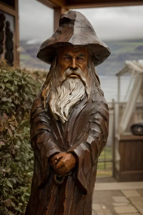 spiked statue of a man with hat and cane, wooden statue, escultura de madeira, escultura em madeira, escultura em madeira profissional, esculpido em madeira, arte em madeira, escultura feita de madeira, Gimli, Gandalf, old man, escultura em madeira detalha...