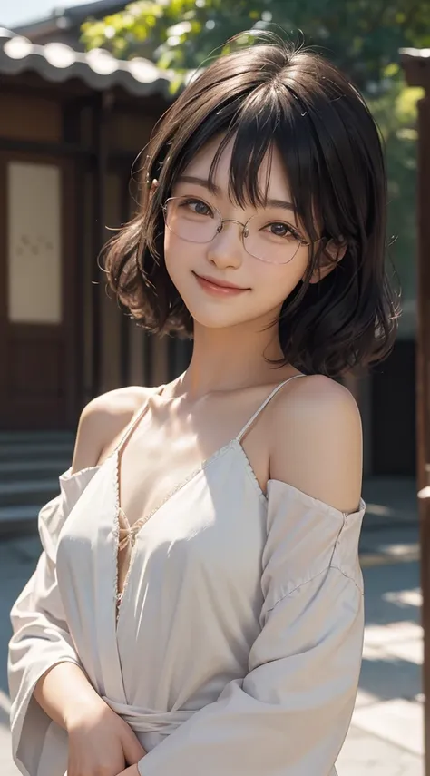 One lady, Japan people in their 20s, symmetrical beauty, Small face, sharp outline, A dark-haired, Shoulder length short bob hair, Curly hair, The hair near the shoulders should have strong waves., With bangs, thick eyebrow,realisticeyes, 二重まぶた, drooing ey...