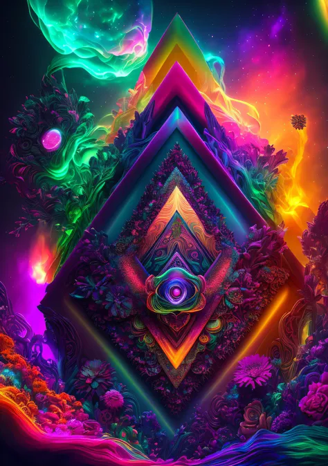 Masterpiece in 8K resolution, estilo psicodelia sombrio, inspirado em Threyda. | An intensely colored triangle, com um terceiro olho no centro, evokes a cosmic psychedelic experience. The scene is a fusion of prisms, dark side of the moon vibes and mind-bl...