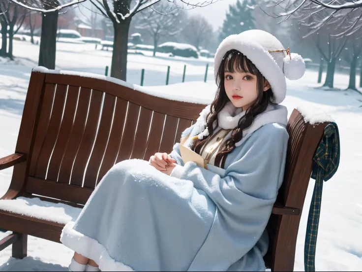 ((Works of masters))，(超A high resolution)，1 girl, Sitting, Lolita costume，cloaks (Snow, Outdoor activities in winter:1.2),