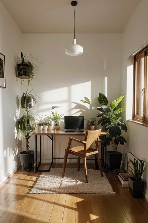 Close de uma mesa na sala，There is a laptop in it, arte conceitual por Niko Henrichon, Vencedores do Concurso Unsplash, light and space, luscious greenery, Trabalhe em casa, humor biofilia, com pano de fundo de luz natural, lugar aconchegante, Home Office ...